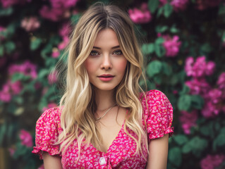 Naklejka premium Young Blonde Woman in Pink Dress Surrounded by Vibrant Spring Flowers - Fashion & Beauty Model Outdoor Portrait