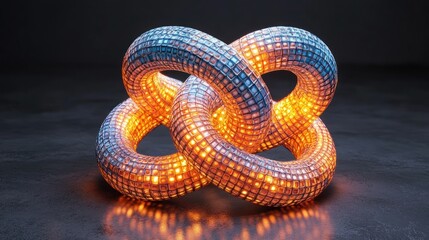 Intricate, glowing, linked rings.  Dynamic, technological form