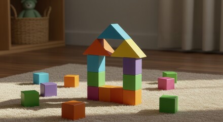 Colorful building blocks creating a house on a carpeted floor 