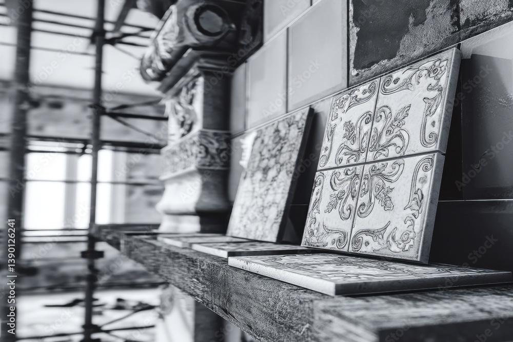 Aufkleber monochrome image showcases decorative ceramic tiles with intricate patterns, resting on a rustic she