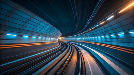 Illuminated Futuristic Tunnel with Curving Railway Tracks and Motion Blur