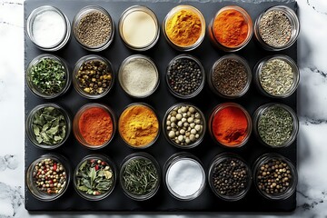 Overhead view of a beautifully organized spice and herb display, ideal for culinary experts and chefs on slate.