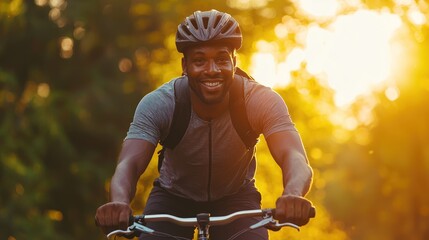 confident African man riding bicycle in early morning light