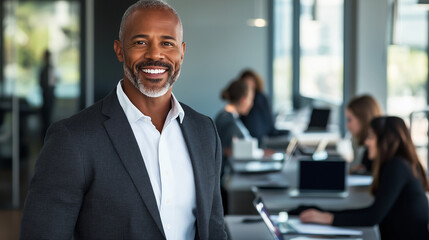 Confident Business Leader in Modern Office with Team Collaboration