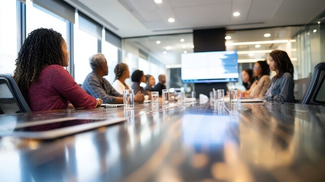 A multi-ethnic group of business professionals gather around a long table in a sleek conference room, actively discussing strategies while reviewing information on a large display screen - Powered by Adobe