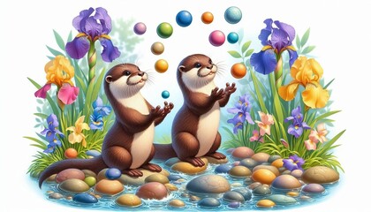 Naklejka premium Two playful otters juggling smooth colorful pebbles on the bank