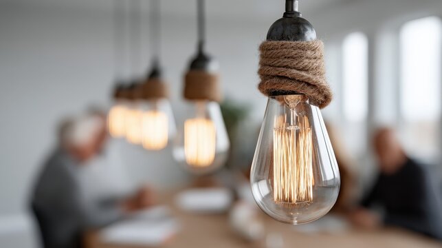 A collection of beautifully designed hanging light bulbs illuminated in a contemporary workspace setting, showcasing a warm and inviting atmosphere for creativity.