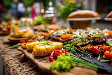 Obraz premium A close-up shot of a beautifully arranged buffet table, laden with grilled corn, roasted vegetables, and delectable dishes, showcasing a culinary feast for a special occasion.