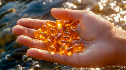 Hand Holding Golden Softgel Capsules - Omega-3 Fish Oil Nutritional Supplements for Health & Wellness