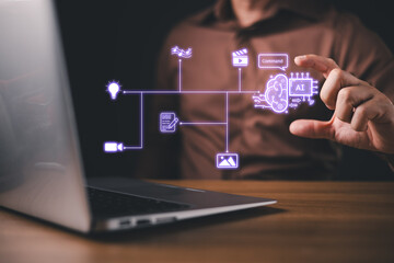 businessman use icon ai, Marketers education, research, analyze media video streaming content creation and online marketing strategies to grow their digital business.