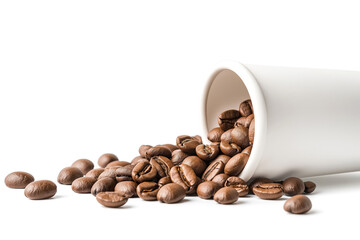 Coffee beans spill from a white ceramic cup onto a white background, highlighting rich texture and aromatic appeal