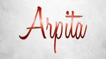Red 3D text effect of Hindi name Arpita on silver background.