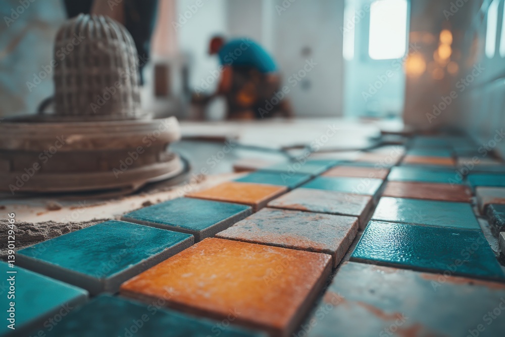 Poster a vibrant array of orange and teal square tiles being installed on a bathroom floor, part of a home 