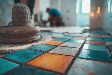 Naklejka premium A vibrant array of orange and teal square tiles being installed on a bathroom floor, part of a home renovation project, with a blurred worker in the background, working carefully.