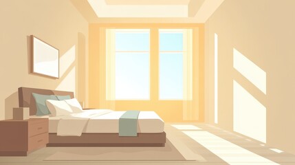 This inviting bedroom features large windows that allow soft sunlight to fill the space, enhancing a calm atmosphere. The minimalist design promotes relaxation and well-being