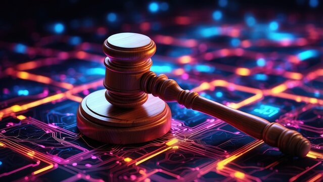 A judge's gavel is placed on a digitally rendered surface with glowing circuitry and binary code