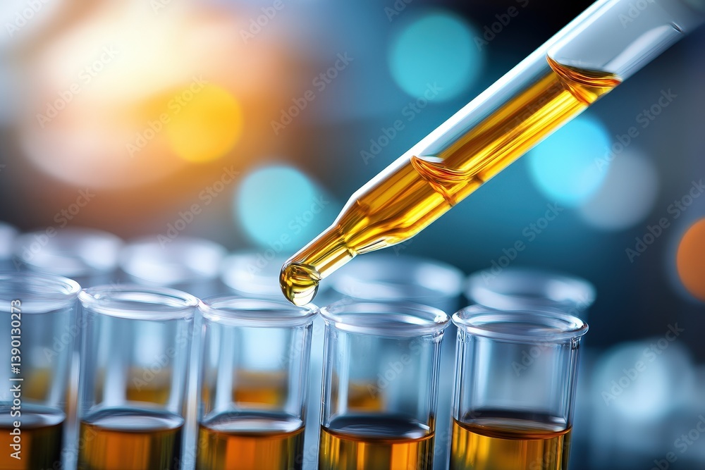 Aufkleber golden liquid dropping from a pipette into test tubes in a science laboratory