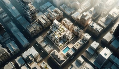 Aerial view of a futuristic city block with modern buildings, rooftop gardens, and a pool. Surrounded by clean, symmetrical streets and minimalistic urban architecture in soft lighting.