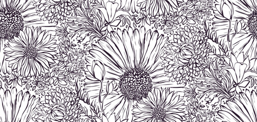 Elegant floral seamless pattern - gerberas, chrysanthemums, magnolias, lilies, leaves. Repeated print with delicate petals. Minimalism of simple lines. Black white