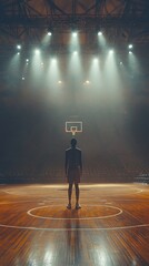 A lone basketball player standing on the court looking at the hoop