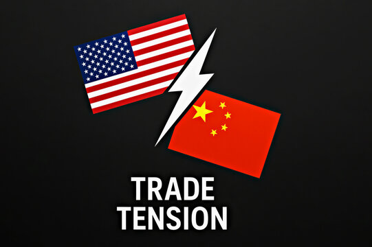 Stylized USA and China flags split by lightning bolt with TRADE TENSION text below, representing economic conflict and strained international relations. US China trade tension image