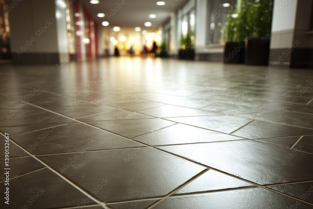 Poster a wide-angle view of a tile floor in a public space, subtly reflecting light with blurred figures in