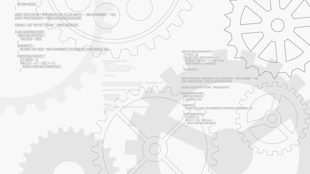 Animation of the rotation of the gear motor on a white background with computer code, workflow concept in 4K format