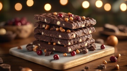 Stacked dark chocolate bars with cranberries and nuts