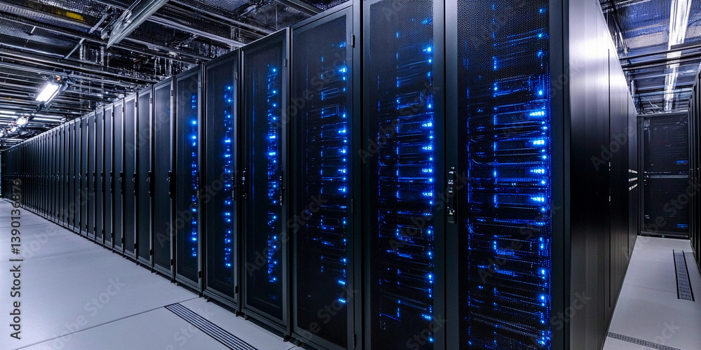 Aufkleber Row of black servers with glowing blue lights in a data center Generative AI