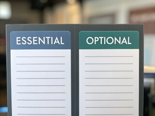 A visual of a list board divided into two categories: "Essential" and "Optional," with blank lines for writing items under each section.