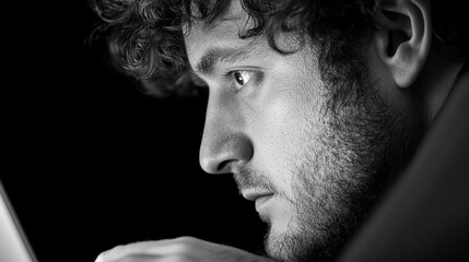 Black and white close-up profile portrait of a man with curly hair, intently focused on something off-camera, possibly a laptop screen.