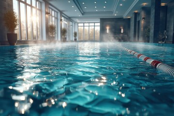 Tranquil indoor swimming pool with natural sunlight, steam, and clear water, a serene oasis for exercise, relaxation, and wellness escape from daily stress