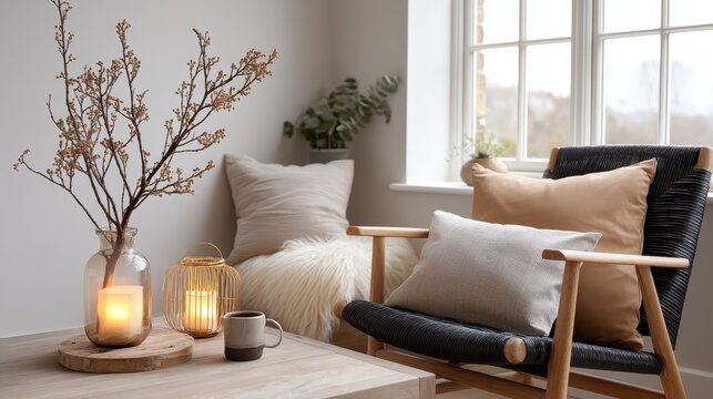 A stylish living space that beautifully combines cozy elements and soft textures, creating an inviting environment that encourages relaxation and enjoyment of everyday moments.