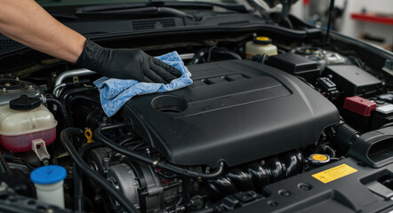 Fototapeta premium Hand in black glove cleaning car engine cover with blue microfiber cloth. Auto detailing and maintenance process of polishing vehicle components. Car care concept for professional service