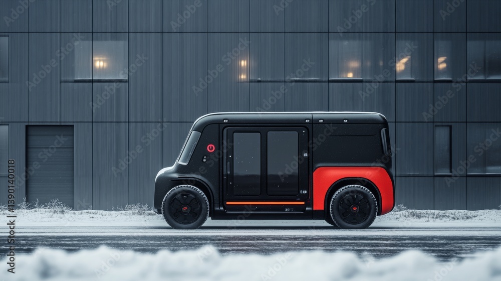 Poster a sleek and modern autonomous delivery vehicle stands on a paved surface in an urban setting, showca