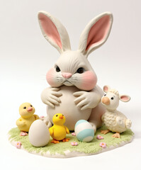 Bunny, chicks, and a sheep celebrating the joy of spring in a vibrant, playful garden setting at Easter time