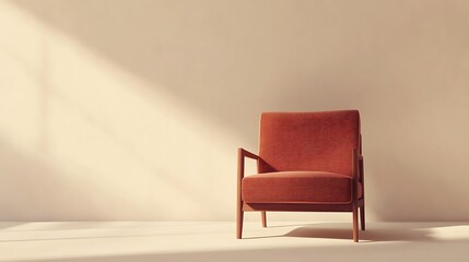 Sunlit orange armchair in minimalist room.