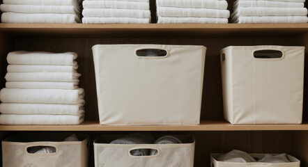 Neatly organized linen closet with white towels and storage bins. Folded bathroom textiles in wooden shelving unit. Home organization concept for bathroom storage, linen management