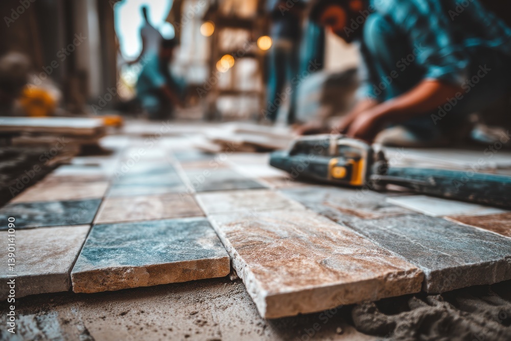 Aufkleber construction workers expertly installing tiles, showcasing the blend of craftsmanship and durable ma