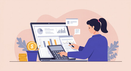 A flat design of accountant calculating expenses with spreadsheets 