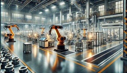 High-tech robotic manufacturing facility with automated arms, digital control panels, and industrial equipment. Smart factory environment showcasing Industry 4.0 and advanced automation systems.