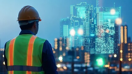 Vision of the Future: A construction worker in a hard hat gazes upon a futuristic cityscape overlay, symbolizing technological advancements and urban development. - Powered by Adobe