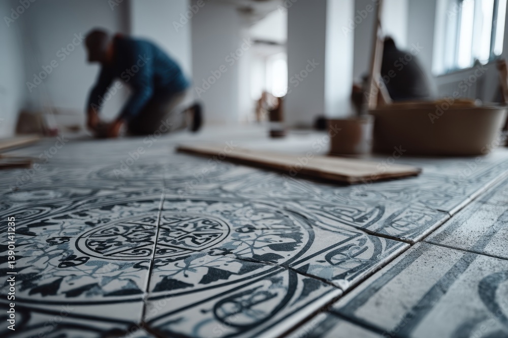 Aufkleber close-up of ornate ceramic tiles being installed in a home, showcasing the intricate pattern and cra
