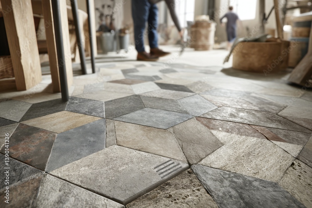 Poster a detailed view of geometric floor tiles being installed, showcasing the intricate pattern and craft