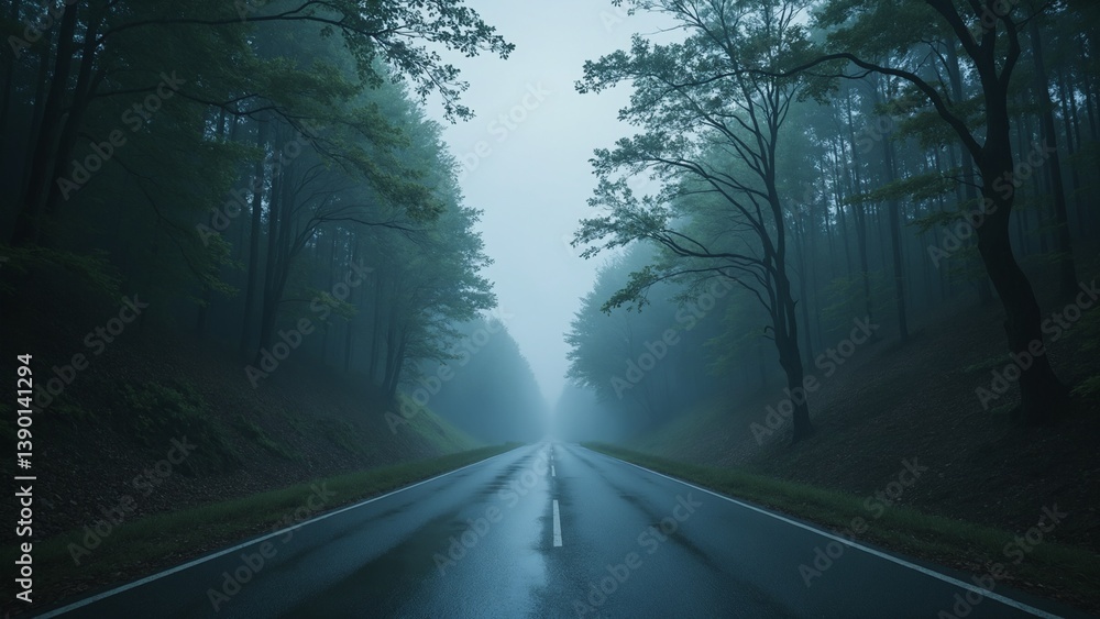 Aufkleber serene and mysterious foggy road surrounded by dark green forest in twilight atmosphere with soft li