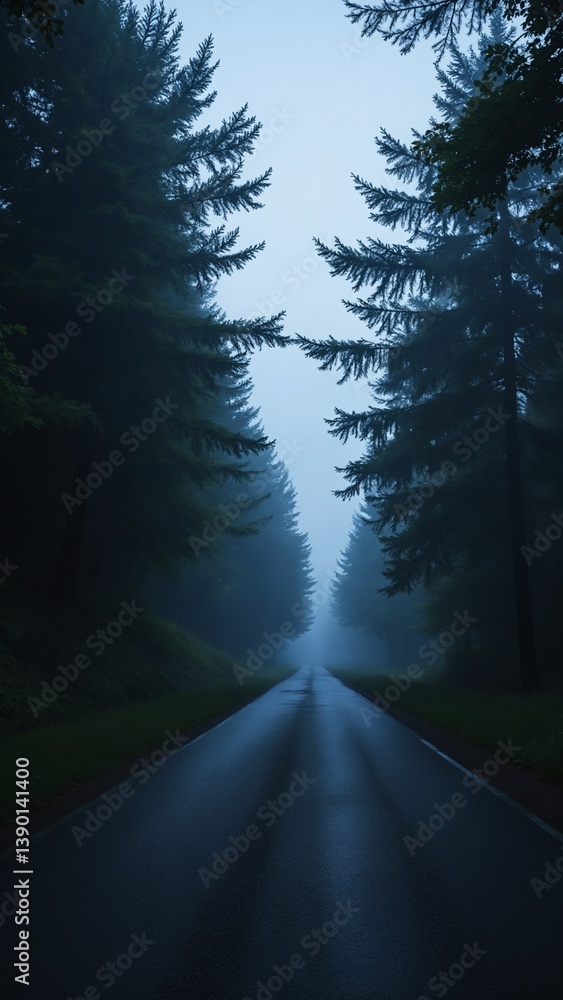 Poster Serene and Mysterious Foggy Road Surrounded by Dark Green Forest in Twilight Atmosphere with Soft Light Reflections on Wet Pavement