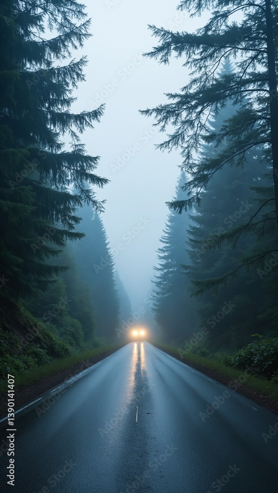 Poster serene and mysterious foggy road surrounded by dark green forest in twilight atmosphere with soft li
