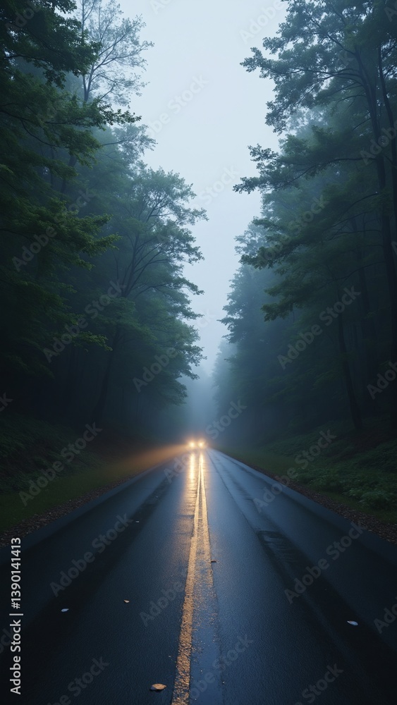 Poster Serene and Mysterious Foggy Road Surrounded by Dark Green Forest in Twilight Atmosphere with Soft Light Reflections on Wet Pavement