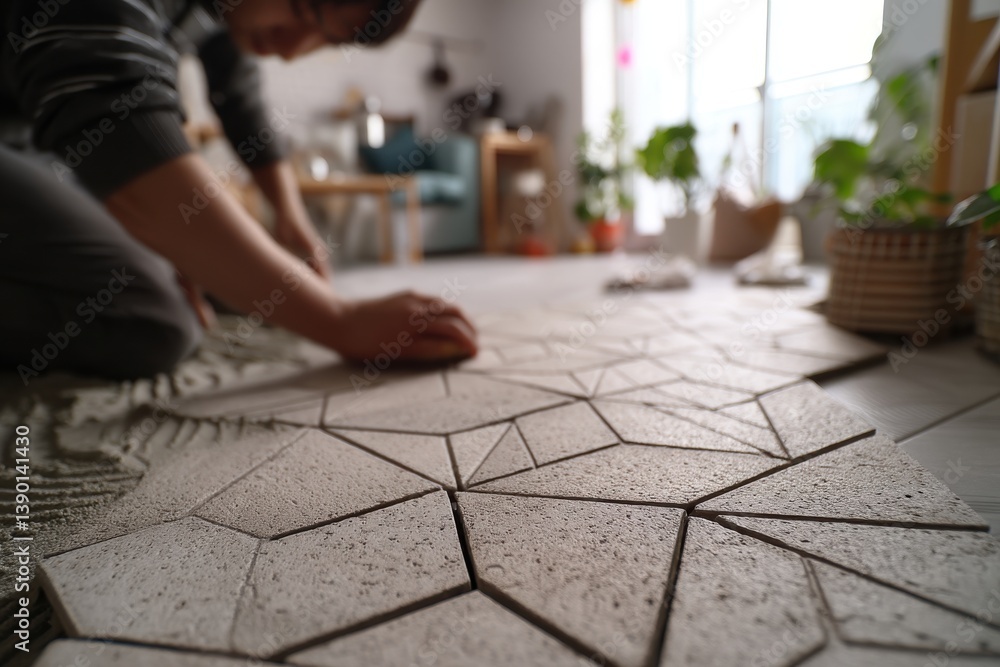 Aufkleber A person expertly laying mosaic tiles with geometric designs, focusing on creating a unique and artistic floor pattern in a modern residential interior setting.