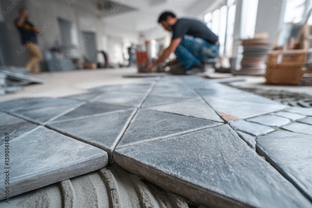 Poster laying gray triangular stone tiles in a mosaic pattern, an expert craftsman is focused on precision 